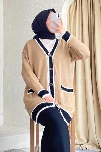 Modalamelif Önü Düğmeli Ribana  Pat Garnili Çift Cepli Triko Hırka Sütlükahve