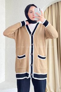 Modalamelif Önü Düğmeli Ribana  Pat Garnili Çift Cepli Triko Hırka Sütlükahve