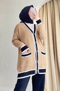 Modalamelif Önü Düğmeli Ribana  Pat Garnili Çift Cepli Triko Hırka Sütlükahve