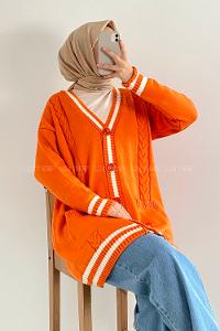 Modalamelif Önü Düğmeli Ribana Şeritli Çift Cepli Triko Hırka Oranj