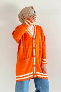 Modalamelif Önü Düğmeli Ribana Şeritli Çift Cepli Triko Hırka Oranj