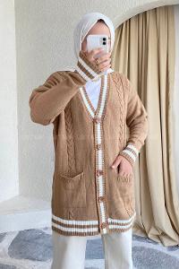 Modalamelif Önü Düğmeli Ribana Şeritli Çift Cepli Triko Hırka Sütlü Kahve