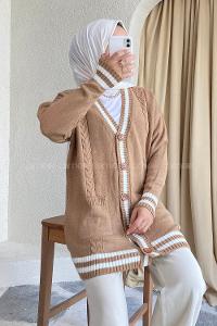 Modalamelif Önü Düğmeli Ribana Şeritli Çift Cepli Triko Hırka Sütlü Kahve