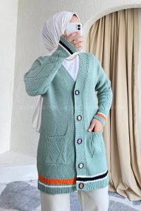 Modalamelif Önü Renkli Düğmeli Çift Cepli Triko Hırka Çağla Yeşili