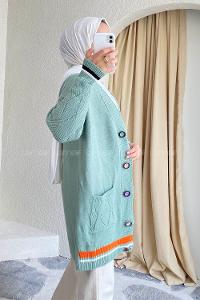 Modalamelif Önü Renkli Düğmeli Çift Cepli Triko Hırka Çağla Yeşili