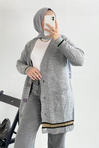 Modalamelif Önü Renkli Düğmeli Çift Cepli Triko Hırka Gri