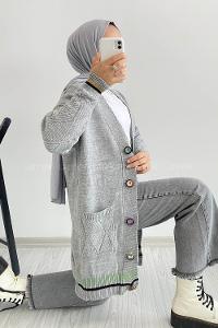 Modalamelif Önü Renkli Düğmeli Çift Cepli Triko Hırka Gri