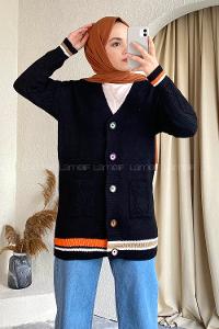 Modalamelif Önü Renkli Düğmeli Çift Cepli Triko Hırka Siyah