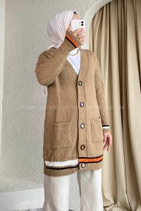 Modalamelif Önü Renkli Düğmeli Çift Cepli Triko Hırka Sütlükahve