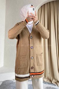 Modalamelif Önü Renkli Düğmeli Çift Cepli Triko Hırka Sütlükahve