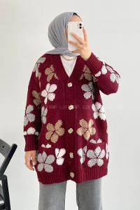 Modalamelif  Papatya Desen Cepli Hırka Bordo