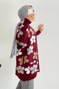 Modalamelif  Papatya Desen Cepli Hırka Bordo
