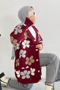 Modalamelif  Papatya Desen Cepli Hırka Bordo