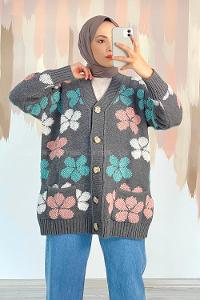 Modalamelif  Papatya Desen Cepli Hırka Füme