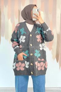 Modalamelif  Papatya Desen Cepli Hırka Füme