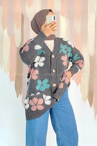 Modalamelif  Papatya Desen Cepli Hırka Füme