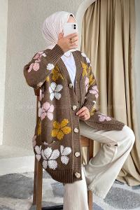 Modalamelif  Papatya Desen Cepli Hırka Kahverengi