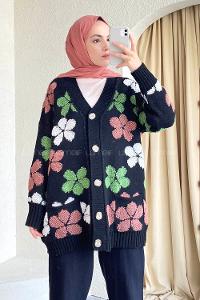 Modalamelif  Papatya Desen Cepli Hırka Siyah