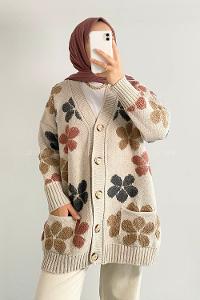 Modalamelif  Papatya Desen Cepli Hırka Taş Rengi