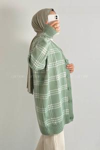 Modalamelif V Yaka Önü Boydan Düğmeli Ekose Desen Triko Hırka Çağla Yeşili