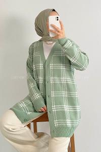 Modalamelif V Yaka Önü Boydan Düğmeli Ekose Desen Triko Hırka Çağla Yeşili