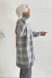 Modalamelif V Yaka Önü Boydan Düğmeli Ekose Desen Triko Hırka Gri