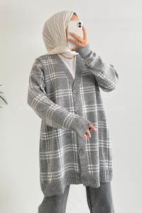 Modalamelif V Yaka Önü Boydan Düğmeli Ekose Desen Triko Hırka Gri