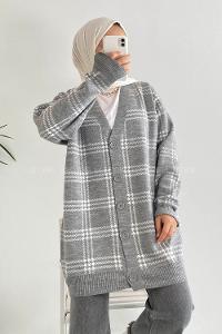 Modalamelif V Yaka Önü Boydan Düğmeli Ekose Desen Triko Hırka Gri