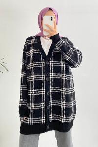 Modalamelif V Yaka Önü Boydan Düğmeli Ekose Desen Triko Hırka Siyah