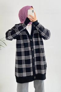 Modalamelif V Yaka Önü Boydan Düğmeli Ekose Desen Triko Hırka Siyah