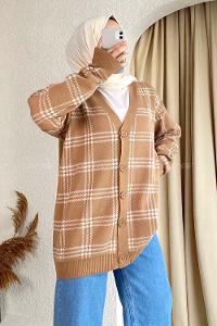 Modalamelif V Yaka Önü Boydan Düğmeli Ekose Desen Triko Hırka Sütlükahve