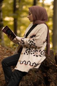 Modalamelif Boydan Düğmeli Etnik Desenli Hırka Bej