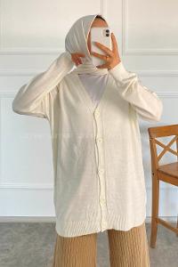 Modalamelif Boydan Düğmeli Ovarsize  Hırka Ekru