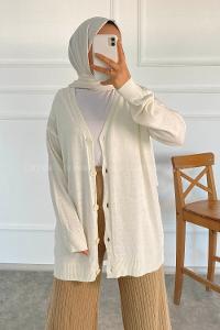 Modalamelif Boydan Düğmeli Ovarsize  Hırka Ekru