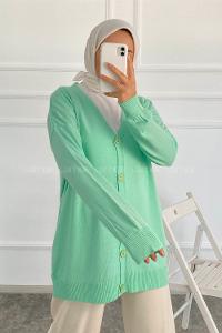 Modalamelif Boydan Düğmeli Ovarsize  Hırka Su Yeşili