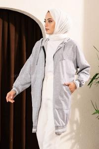 Modalamelif Boydan Fermuarlı Kol Ve Etek Ucu Ribanalı Hırka Gri