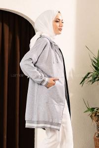 Modalamelif Boydan Fermuarlı Kol Ve Etek Ucu Ribanalı Hırka Gri