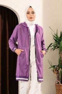 Modalamelif Boydan Fermuarlı Kol Ve Etek Ucu Ribanalı Hırka Mor