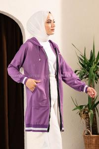 Modalamelif Boydan Fermuarlı Kol Ve Etek Ucu Ribanalı Hırka Mor