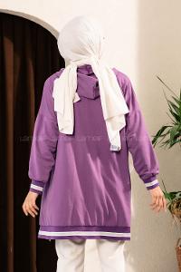 Modalamelif Boydan Fermuarlı Kol Ve Etek Ucu Ribanalı Hırka Mor