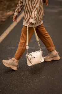 Modalamelif Change Üç Bölmeli Çizgili Saten Çanta Krem