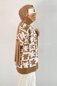 Modalamelif Çiçek Desenli Düğmeli Hırka Camel