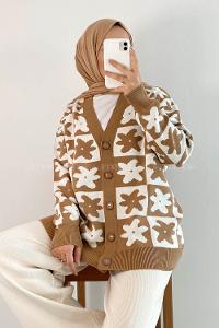 Modalamelif Çiçek Desenli Düğmeli Hırka Camel