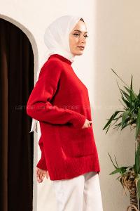 Modalamelif Çift Cepli Yarım Balıkçı Yaka Kazak Kırmızı