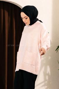 Modalamelif Çift Cepli Yarım Balıkçı Yaka Kazak Pudra