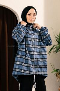 Modalamelif Ekose Desen Kapüşonlu Salaş Kap İndigo