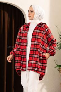 Modalamelif Ekose Desen Kapüşonlu Salaş Kap Kırmızı