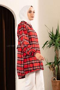 Modalamelif Ekose Desen Kapüşonlu Salaş Kap Kırmızı