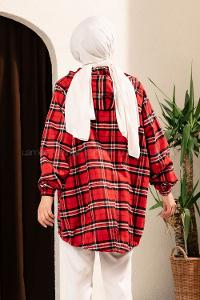 Modalamelif Ekose Desen Kapüşonlu Salaş Kap Kırmızı