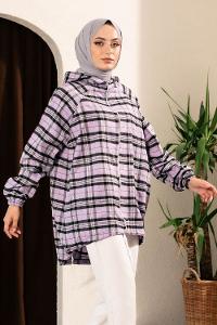 Modalamelif Ekose Desen Kapüşonlu Salaş Kap Lila